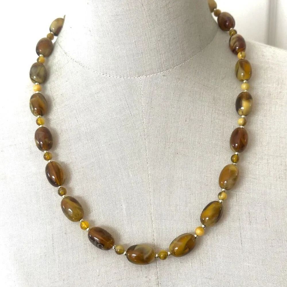 Brown and yellow oval beaded long vintage necklace